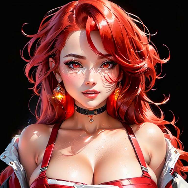  a woman with red hair and a red and white floral satin bra top, amouranth, better known as amouranth, amouranth as a super villain, young beautiful amouranth, ginger wavy hair, long wavy orange hair, orange glowing hair, orange skin and long fiery hair, flowing ginger hair, orange hair, long orange hair, ginger hair