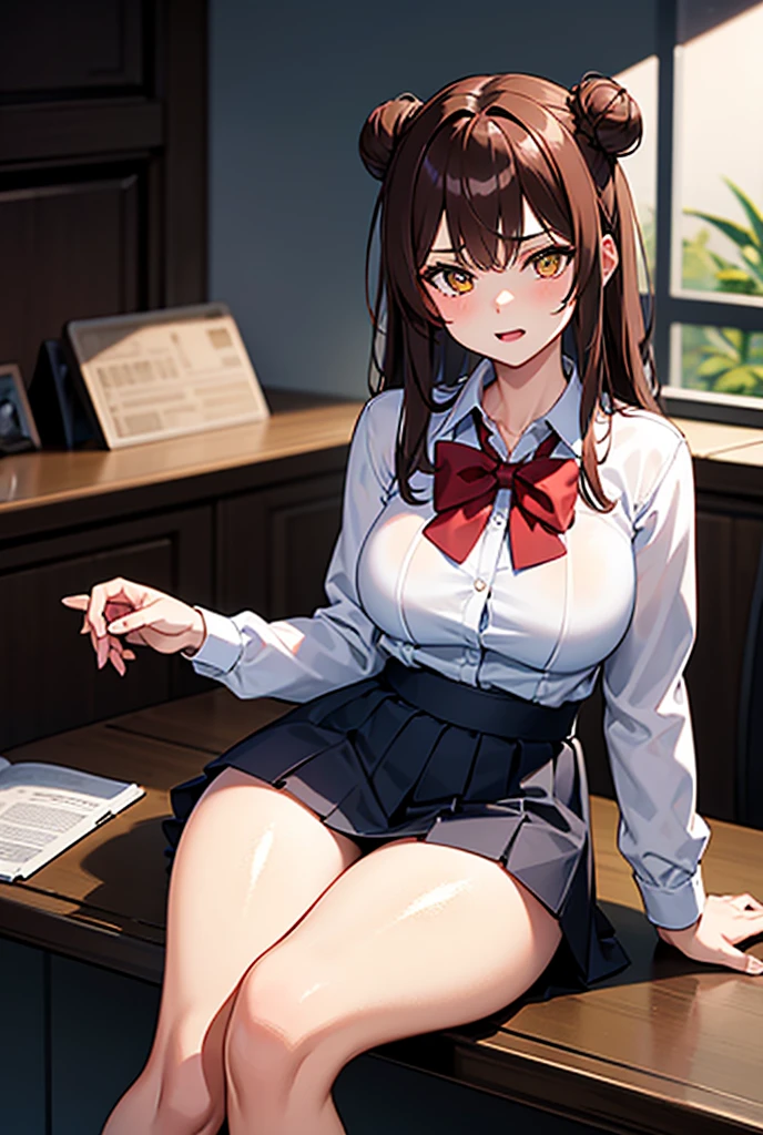 top-quality、​masterpiece、ighly detailed、face perfect、Top image quality、Beautuful Women、Wine red hair、shorth hair、Red eyes、Knee-length skirt 、white  shirt、Yellow vest 、Do not expose the crotch、Do not expose your breasts 、pupils、‎Classroom、Soft lighting、super-detaild skin 、Super detailed big、good hip line、Ultra-detailed thighs、depth of fields、huge smile、High-precision needle
