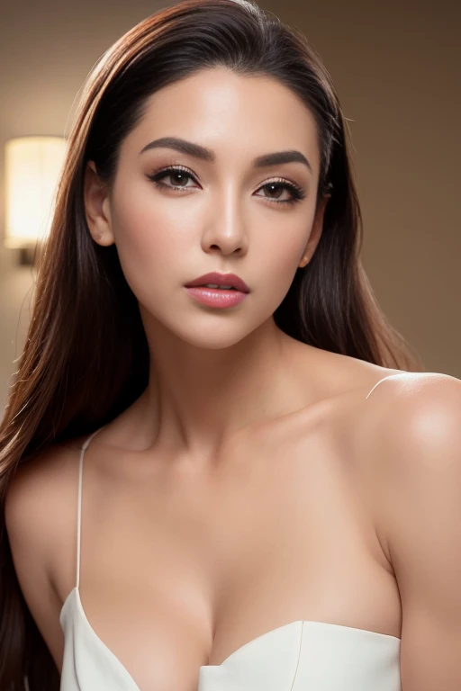 masterpiece, best quality, RAW photos, high resolution, hyper-detailing, Focus on the face, looking at viewer, Detailed eyebrows, realistic beautiful eyes, realistic glossy skin, straight Bangs, realistic movie lighting, detail shaded, high contrast, Slender, big boob, Big breasts, Exposed cleavage, open mouse, nsfw, Sexy face, Facial expressions when receiving pleasure, ((Dark background)),