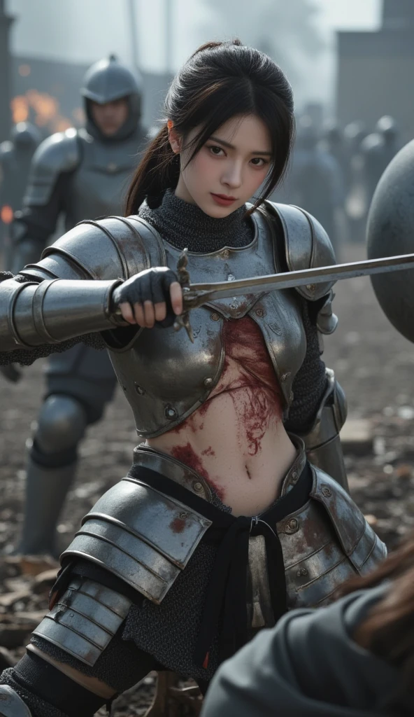 masterpiece, top quality, raw photo, (photorealistic, realistic:1.3), 16K, (extremely detailed:1.4), ultra high res, (depth of field, professional lighting, professional photo:1.2), (fairly detailed face, intricately detailed skin texture:1.5), ((correct anatomy:1.5)), pov, indoor, fortress under attack, 1 girl, (female warrior, Japanese , 16 y), solo, ((from front view:1.4)), (cowboy shot, looking at viewer:1.4), brown hair, short hair, ponytail, bright eyes, dark eyes, highly detailed skin, tall nose, beautiful nose, beautiful lips, expressionless, (((iron armor:1.5))), (slender:1.5) (muscular:1.3), (beautiful breast:1.4), (((surrounded by enemies, stabbed in stomach with spears and bleeding from the stomach wound:1.5))), (((holding 1 sword in right hand:1.4))), (((injured, bloody, bloodstain:1.3)))