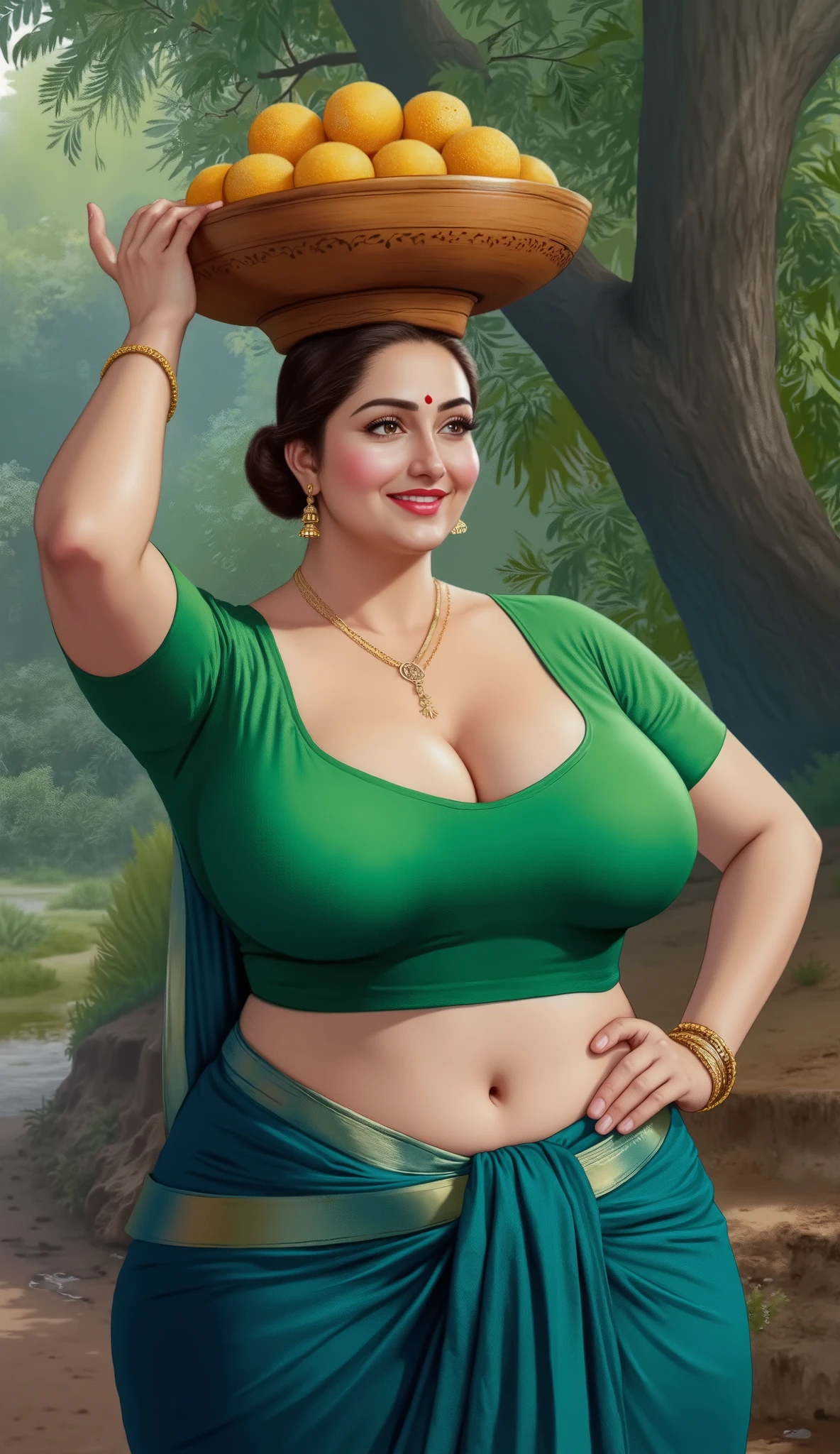 ((Centered composition, perfect framing, no cropping)), a high-quality painting by renowned artist Manimala, depicting a beautiful Indian woman, 45 years old, curvaceious, milf, thicc, busty, looking at the viewer, intricate facial features, serene expression, elegant posture, delicate jewelry, She is wearing a green blouse with, paired with a rich teal-blue sari, accentuating her form. Her hair is styled in a neat traditional low bun, with a few loose strands framing her blushing, expressive face. She wears a red bindi and gold earrings, cleavage, navel, enhancing her graceful, traditional appearance, ((Balanced gracefully atop her head is a large wooden bowl brimming with golden laddoos (Indian sweets), which she is selling. Her hands are lightly steadying the bowl, her hips slightly shifted in a confident and sensuous posture.)) She smiles warmly at the viewer with a teasing, flirtatious glint in her eyes, natural setting, verdant foliage, vibrant colors, soft lighting, masterpiece, 4K, high resolution, ultra-detailed, vivid colors, professional,Large breasts, epic fantasy, dramatic lighting, dramatic pose, volumetric fog, cinematic angles, ultra-detailed, 8k, photorealistic, octane render, highly detailed face and features, dramatic expression, goddess-like, powerful, mythical, vivid colors, rich textures, dramatic lighting, cinematic atmosphere.