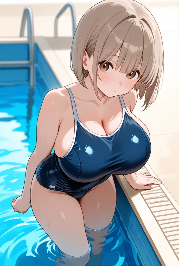 nsfw:1.2,17 years old, With a girl, Old style navy blue swimsuit,Large Breasts:1.2,Tight waist, The hairstyle is a bob cut, Poolside Background,smile,Full Body Lesbian、Erect nipples