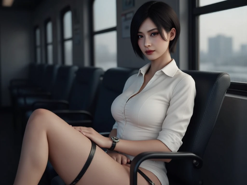 1girll,Breasts are relatively full，Black bra，Fuller breasts，Full body like，short detailed hair，long leges，blacksilk，Black stockings，Superskirt，White short-sleeved top，Office secretary style，24 years of age，lips are plump，Full eyes，Spread your legs apart，Wet Female Student，年轻，sensuality，Girl at the station，Look at me，bite lips，The legs are thin，25 age old，Black hair，Real scenes and characters，Camera shot