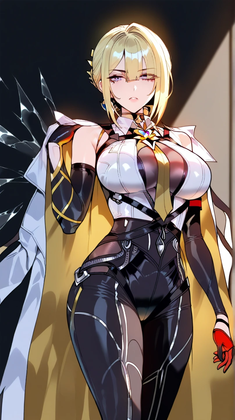 top-quality、realistic touch,high-detail、photoRealstic、thin-waist、captive beauty、solid platinum-blonde eyelashes、platinum-blonde、full body Esbian、cheeks flushed、thin-waist、In a white room、She is in estrus、Sleeveless、Bodysuit with minimal fabric area、Colossal tits、big butts、Angle from below、sexy pose、