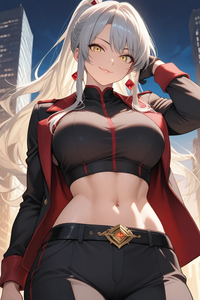 1girl, red eyes, breasts, large breasts, shorts, crop top clothing, shot_jacket looking at viewer, thigh strap, (ultra-detailed)), ((illustration)), ((disheveled hair)), (beautiful detailed eyes), beautiful, amazing, detailed eyes, (((masterpiece))), (realistic:0.5), best quality, female, seductive anime girl, breasts and nsfw, beautiful alluring anime woman, beautiful alluring anime teen, (anime girl), with a large breasts, [ 4 k digital art ]!!, attractive anime girl, beautiful anime girl, sexy girl, anime girl, anime girls, kantai collection style, masterpiece, nsfw, best quality, masterpiece, best quality,official art,extremely detailed CG unity 8k wallpaper, hair slicked back, earrings, necklace, freckles, looking at viewer, bokeh background,body facing camera, close-up,