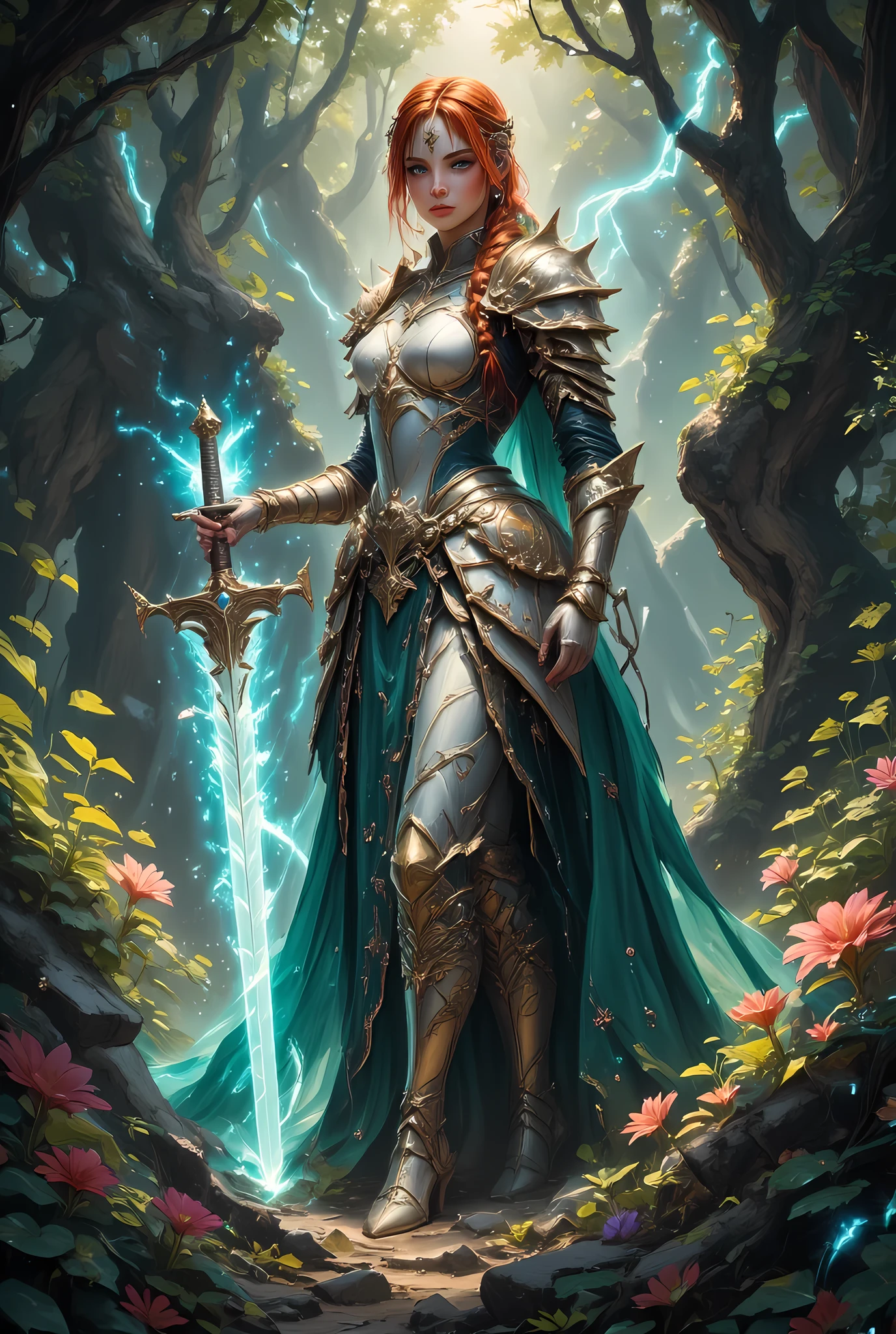 a picture of woman paladin of nature protecting the forest, controlling magical plants, woman holy knight, protector of nature, red hair, long hair, full body, ultra detailed face, red hair, long hair, braided hair, pale skin, blue eyes, intense eyes, wearying heavy armor, white armor, green cloak, flowing cloak, armed with a sword, glowing sword, fantasy forest background, D&D art, RPG art, magical atmosphere magic-fantasy-forest, ultra best realistic, best details, best quality, 16k, [ultra detailed], masterpiece, best quality, (extremely detailed), ultra wide shot, photorealism, depth of field, hyper realistic painting, Cinematic Shot, hyp3rd3tail style, zavy-ctcmcs