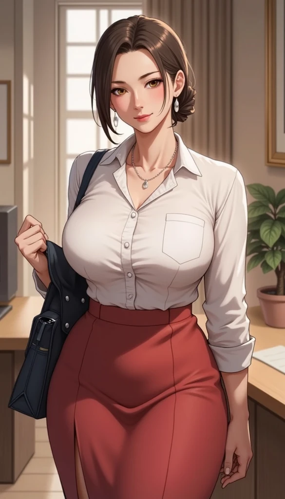 milf, mommy, big breast, long hair, using casual outfit