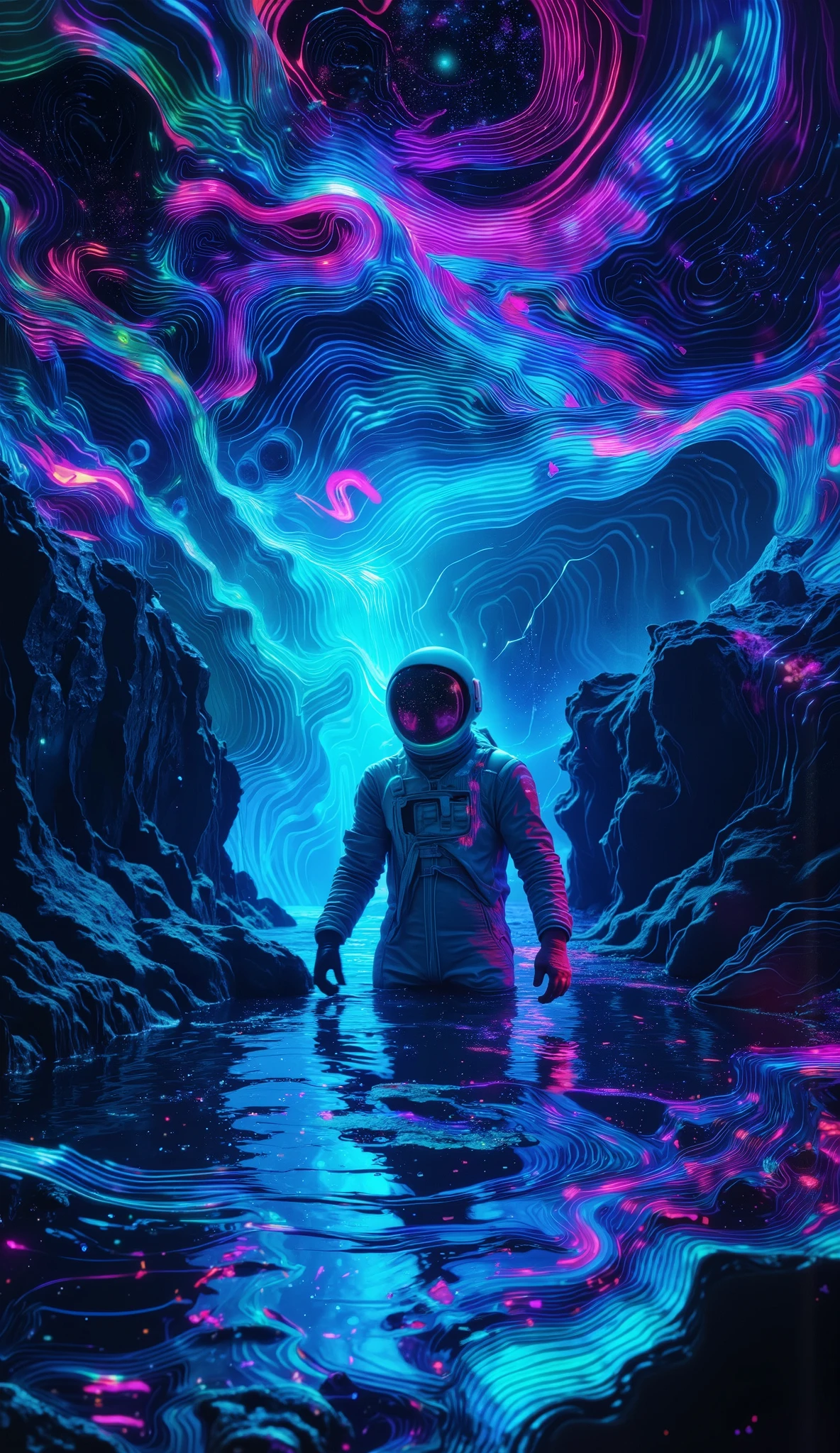A mysterious astronaut sinking slowly into a glowing, magical psychedelic ocean under a starry sky, surrounded by ethereal light trails and floating ancient runes, his cracked helmet leaking stardust, galaxies reflected in the water, surreal atmosphere mixing science fiction and mysticism, dark blue and purple hues, hyper-realistic, cinematic lighting
