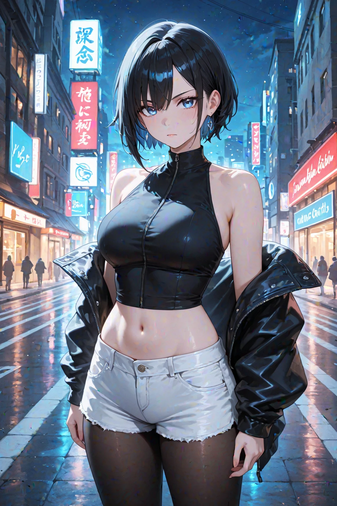 <lora:Torudaya_style-15:1>Torudaya style, 1girl, (black messy hair:1.3), long hair, sidelocks blue eyes, mature woman, asymmetrical bangs, abs, choker, earrings, hair between eyes, (wearing a black leather jacket, a white top and leather pants:1.4), city background, night, fire, fingeleress gloves, evil smile