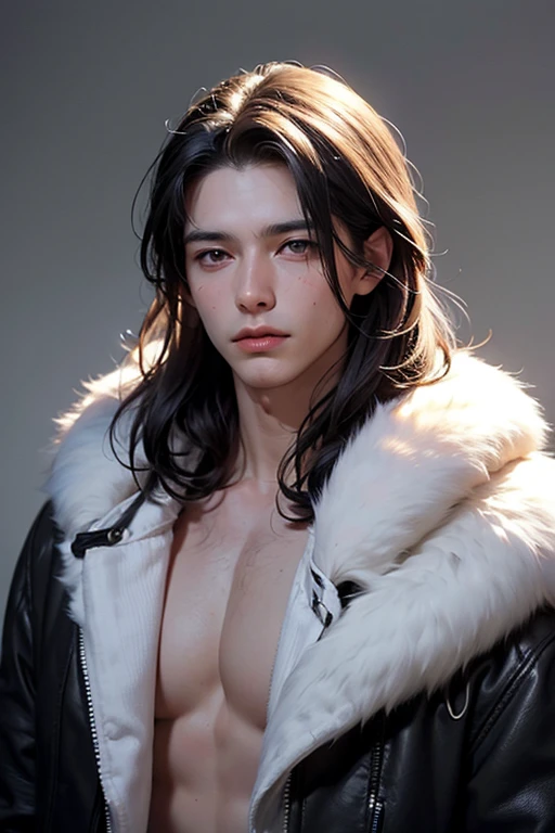 Chrollo is a handsome young man with dark hair and gray eyes.. Two of her distinguishing features are her cross-shaped tattoo on her forehead and a pair of sphere-shaped earrings.. He is usually seen wearing a leather coat with a fur collar and fur coat that is unbuttoned., revealing his muscular body, the jacket is printed with the golden St. Peter's Cross on the back