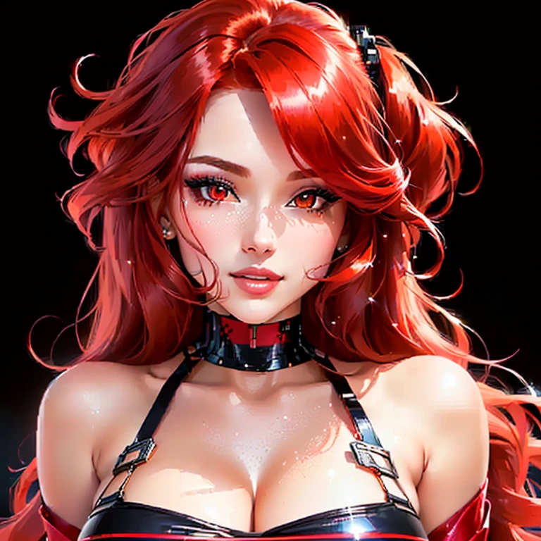 tattoo girl, very beautiful, murderous, Harley Quinn, crazed look, dark background, 8K, dynamic wallpaper, very delicate, very dense, creepy smile, close up to camera, dripping red one piece swimsuit, red sky beach background, upper body