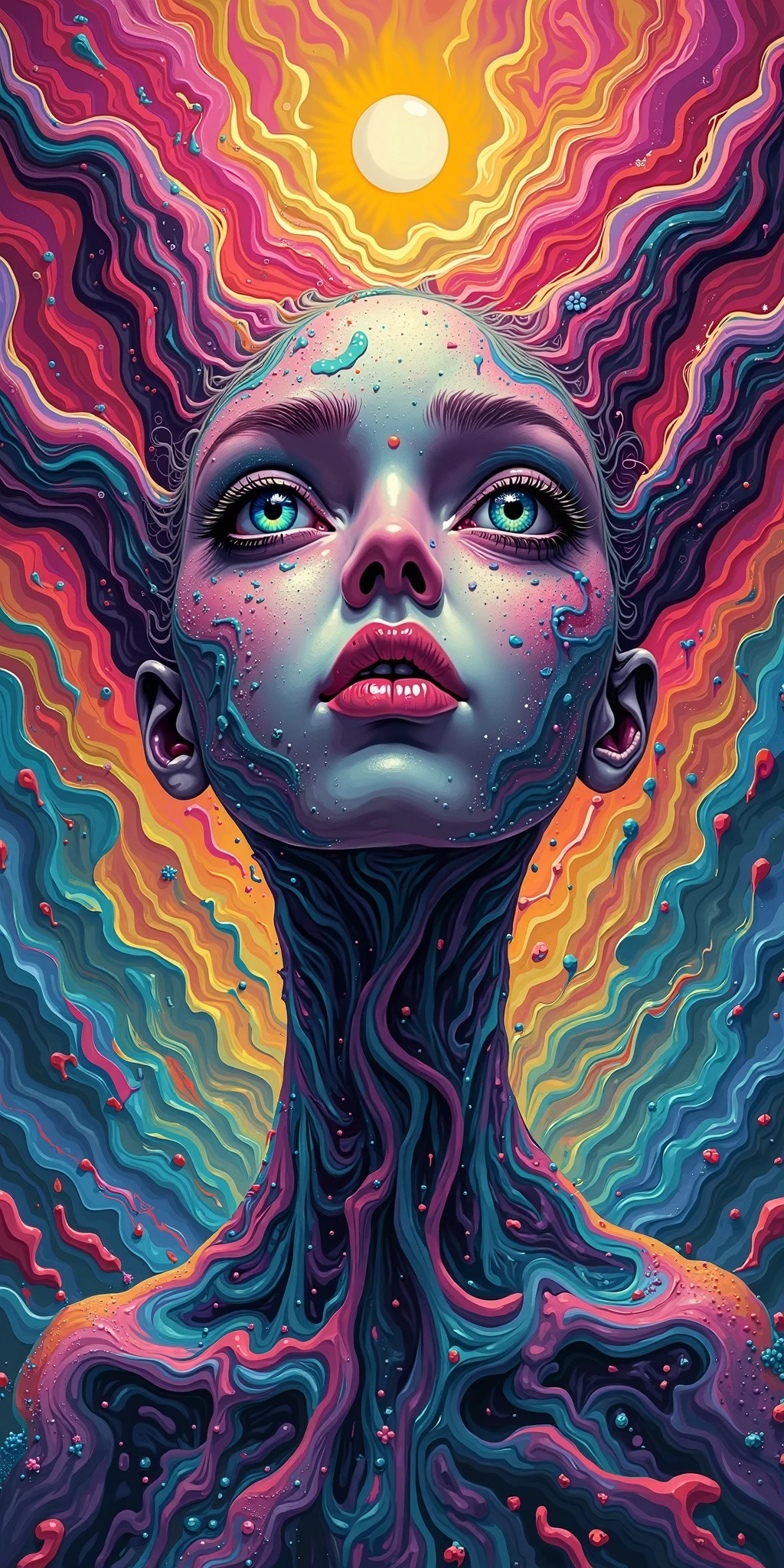an extremely psychedelic portrait of a healer, surreal, LSD, face, detailed, intricate, elegant, agile, highly detailed, digital painting, art station, concept art, smooth, sharp focus, illustration, nude, massive dripping creampie, leaking milk out of massive tits