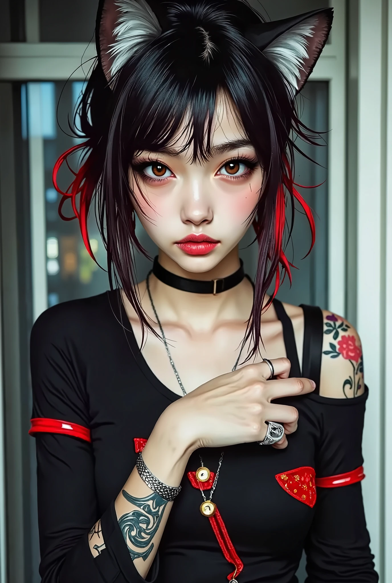 ((top quality、masterpiece、high sensitivity、high resolution、detailed description、Delicate Face Depiction、8K)),((Slender Woman、wearing glasses)),GeGeGe no Kitaro、Cat Girl、Anime Cosplay、
