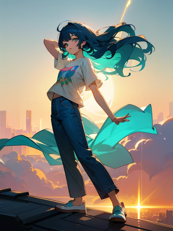 (masterpiece:1.5),(highest quality:1.5),(HDR:1.3),ambient light,ultra-high quality,(ultra detailed original illustration),8k,(((((1 girl, back view))))),(Teenage girl:1.2), (Back view:1.3), (Long hair:0.8), (Flowing hair:0.8), (Colorful hair:1.3), (Jumpsuit:0.7), (Urban background:0.8), (City street:0.8), (Graffiti:1.2), (Murals:1.2), (Abstract patterns:1.1), (Vibrant colors:1.3), (Rainbow colors:1.2), (Paint splatters:1.1), (Dynamic composition:0.9), (Low angle shot:0.8), (Backlighting:0.9), (Golden hour lighting:0.7), (Lens flare:0.6), (Motion blur:0.7), (Bokeh:0.6), (Painterly style:0.9), (Impressionistic:0.8), (Textured brushstrokes:0.9), (Impasto:0.7), (Expressive:1.0), (Energetic:1.1), (Sense of wonder:1.2), (Joyful:1.1)