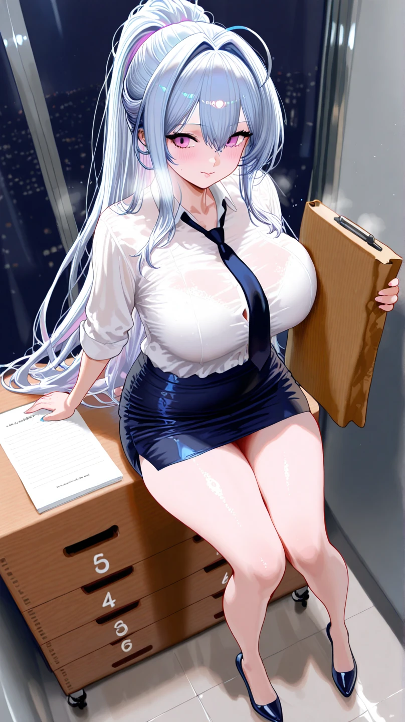highest quality、All limbs、full finger、Slender beauty、straight hair、beautiful big breasts、female police officer、blue miniskirt police costume、night office、disgusting face、sweaty、Sheer clothing、sit down with your legs apart、masturbation、masturbation behavior、leaked sperm、Sperm caught、white panties、white bra、cleavage、stockings、No cap、