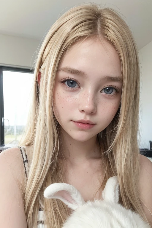 show me a young adult with white skin and rosy cheeks, thin face, small, upturned nose, big, pink mouth (no cupid's bow), long eyelashes, light blue eyes, long straight black hair, and dark arched eyebrows