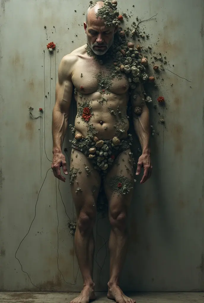 ((vintage gray dirty backdrop)), young male, ignant,(((full body view))), young smooth man, g-string, singularity, ectoplasm, detailed body, a surrealist photo, looking across the shoulder, uncentred, leaked, with a bunch of needles sticking out of his head, with many mirrors, side view, , , from head to toe, with a flower in his hand, red flesh strings, detailed conceptual photography, with wires and bandages, head made of carnations flower, body made out of macaroni, pulling strings, with a bunch of carnations sticking out of his genitals, wearing loincloth, wires, (from head to toe)