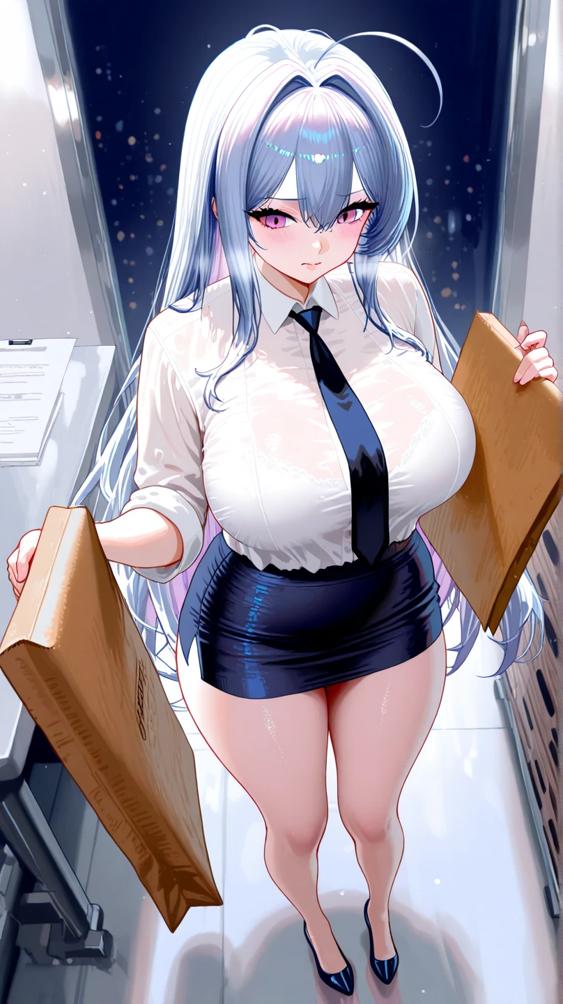 score_9, score_8_up, source_anime, 1girl, solo, KoboKanaeru, blue eyes, long hair, blue hair, colored tips, white hair, high-waist skirt, long skirt, green long necktie,green skirt, white shirt, long sleeves, , standing, indoors,house kitchen, (bound with an excessive amount of ropes), (bound wirsts), (arms behind back), (tapegag, tape gag), dramatic, (looking at viewer), (detailed pupils:1.3),pencil skirt,big breast ,shoes