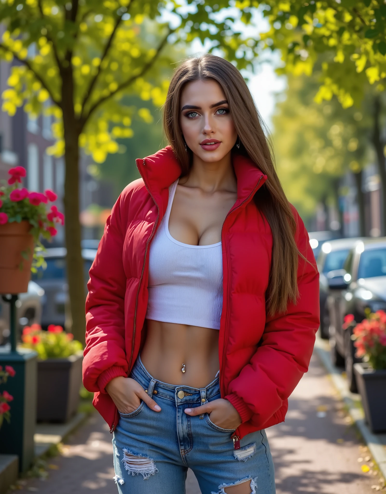 a gorgeous woman (Isabella), masterpiece, best quality, (photorealistic:1.4), (RED SOFT PUFFER JACKET:1.25), (white tank top:1.1), (blue ripped jeans:1.2), background posing in Amsterdam, red light district Amsterdam, green trees, beautiful flowers, sunny day, cinematic light, beautiful woman, skinny, straight brown hair, detailed face, photo taken from a distance