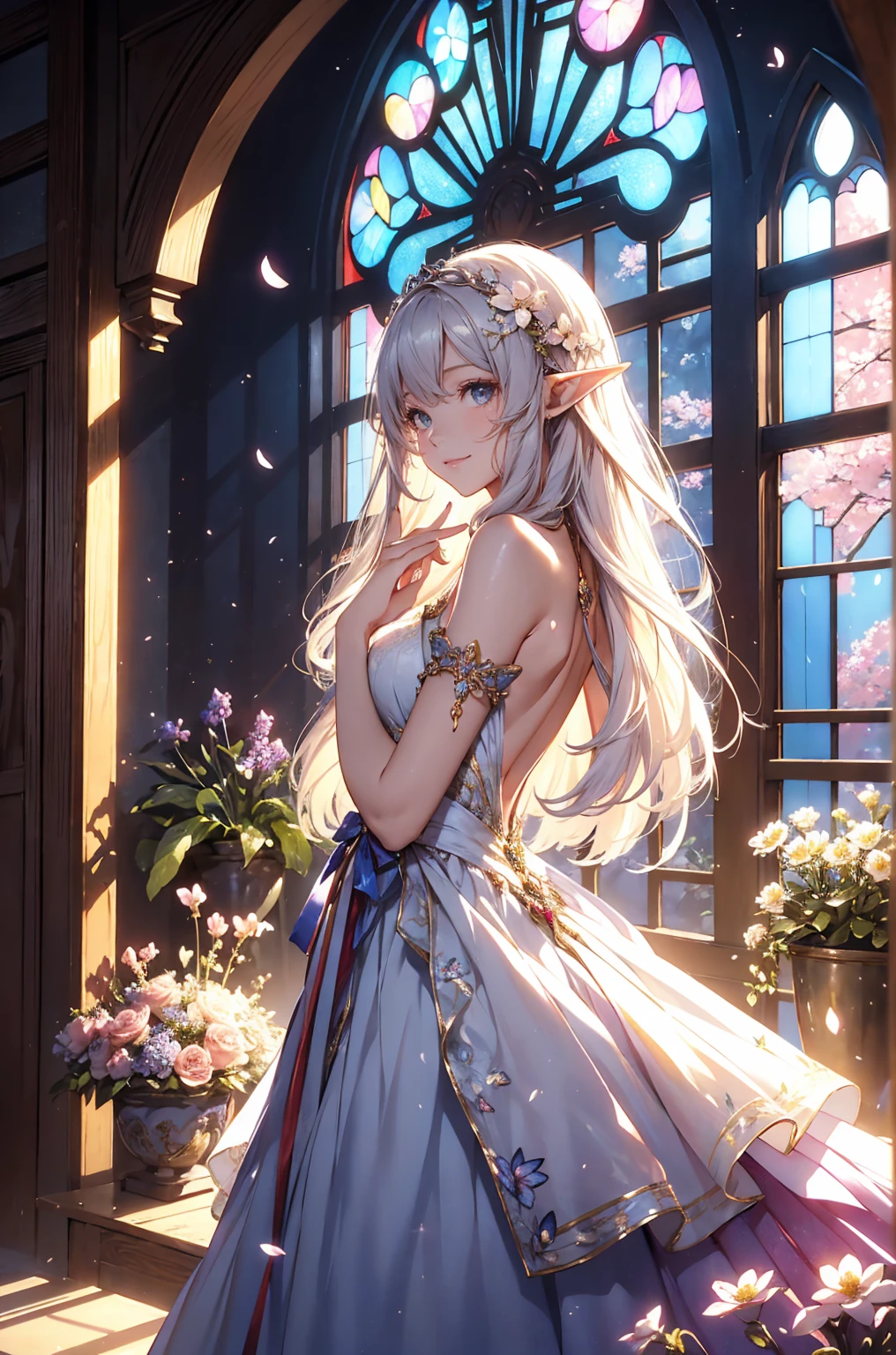 最high quality、1woman elf 、Silver Hair、bionde、、、Beautiful foam、、CourtyardShining fairy wings、E.G: Worst quality ,Flower fractal art　　、see-throughbodystocking,Beautiful side shot, radiance,High-definition depiction, Realistic, 8K, Unity, beautiful Shot, light smile, Beautifully and vividly drawn, , Beautiful, beautiful, clear skin、sexly,beautiful dress,Countless rays of light pouring down, Swirling Light, big background, Raise one arm above your head, Intense light is emitted from the magic circle in front of the girl.   forest、Lots of leaves、Green leaves、flower、Particles of light、Bedroom at night、Magic Palace、Fairy tale、
Romanticism,Cowboy Shot: The most beautiful form of chaos, Mr..々Farbe, Intertwined flowers, Particle,magical gentle light,smile,sexly,image quality、masterpiece、Beautiful Face、Super beautiful elf woman((Big breasted 22 year old office lady、Nipples、Bust 100,Beautiful long ironed hair 、bionde hair,height: 165cm。、sexly、Esbian、、high quality、、background((Star Narski)))、Starry Sky、Visual art、Written boundary depth、、Elf Ears、、universe、Happy smile、Gentle light、Elf forest、elegant、ticker beautiful decorative、、magic、forest、beautiful tiara、Beautiful bed、Beautiful Landscape、A kind smile、wonderful、Fluttering petals、Dance happily、、Cultivate fantasy、、Mystery light　Lots of flowers、、art、forest, palace, art,mystery,Ultra-high resolution,atmosphere