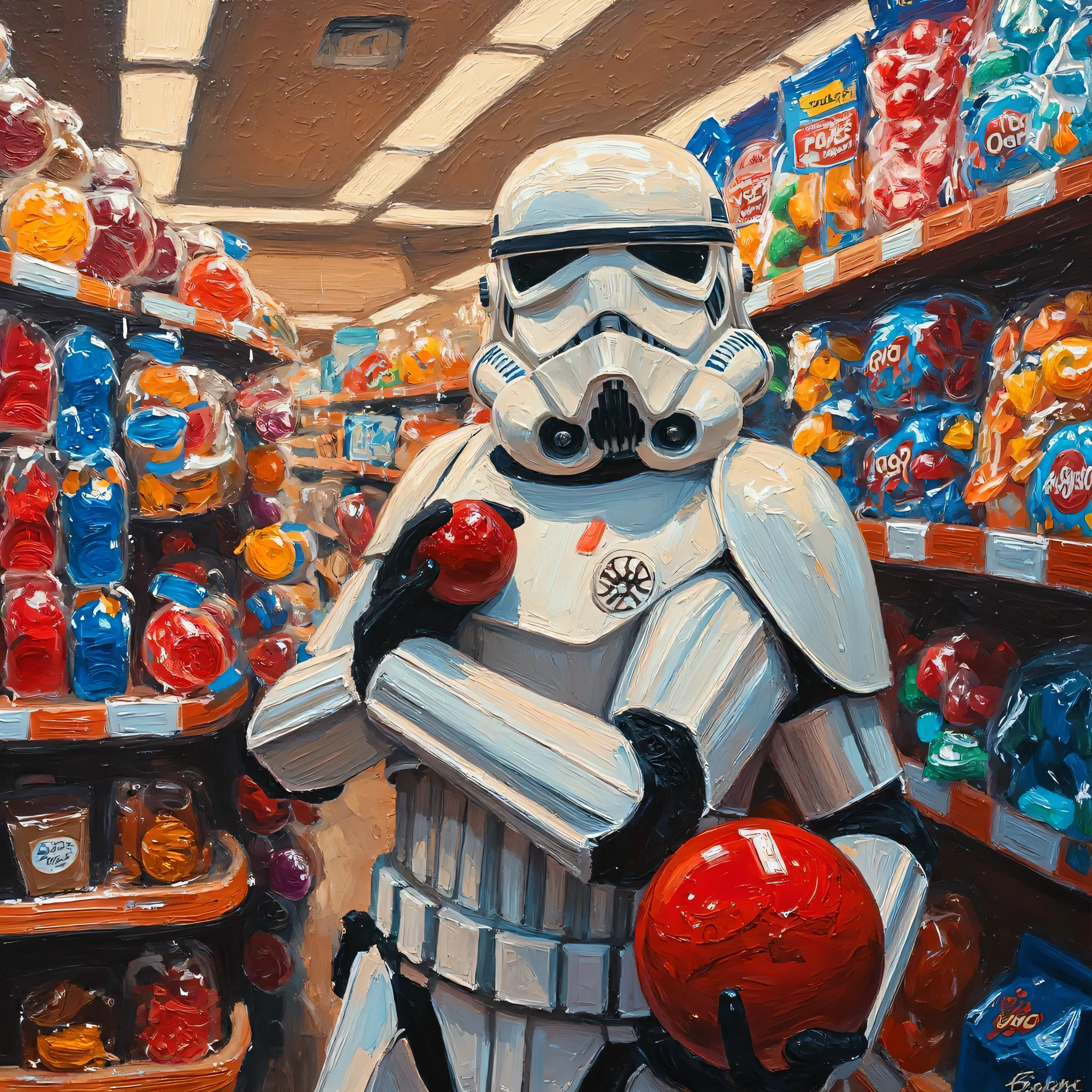 An impressionist painting with wide and furious oil brushstrokes captures a moment . The scene shows a clone of Star Wars, with a red globe found in a candy store.