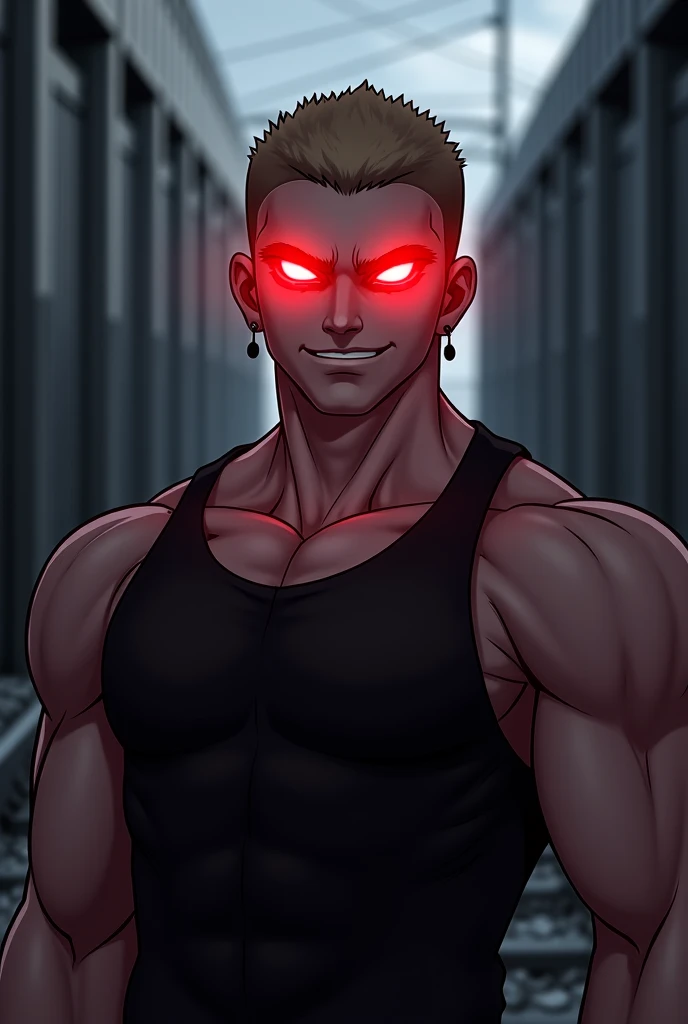 muscular man, hair combed back, serious expression, with light brown skin, red pupils (in anime style.)