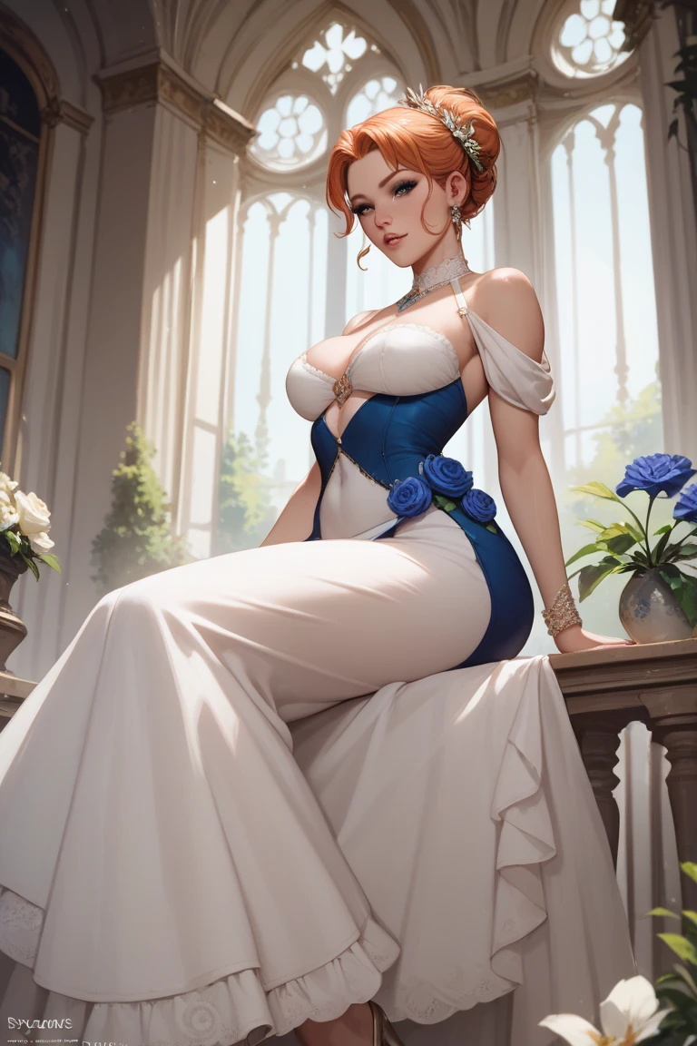 The image shows a woman with long black hair wearing a blue dress with intricate Chinese-style designs.