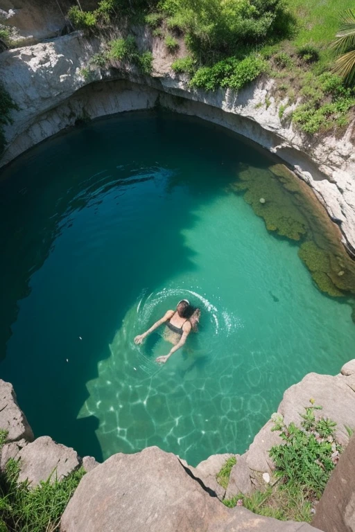 Underground lake, female adventurer, swimming in swimsuit.