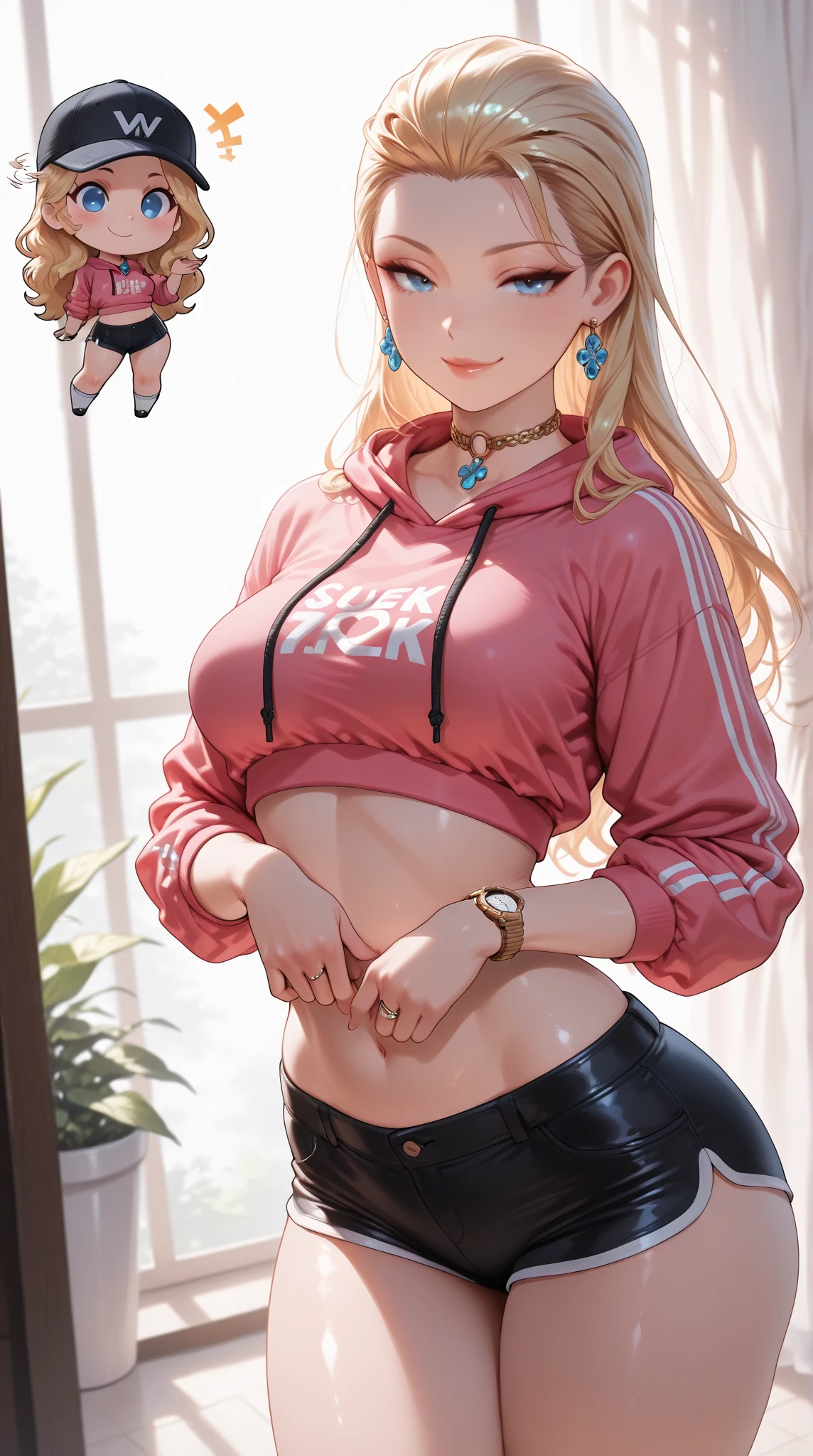 Girl with long blonde hair, hair down, red lips, big breasts, wearing a hoodie, mini skirt, leggings