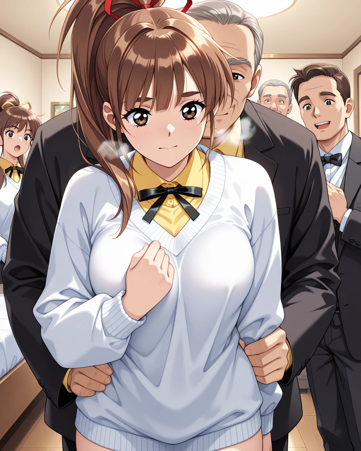 ((( in the train))),school girl, many men are 50years old, school girl is surrounded by men,((( molester))),( train),( huge breasts),( hands on own breasts),((( shirt lift , lifted bra))),(((( ugly man is grabbing shirt forcibly from behind)))),((( nipples))),(( upper body)),(( blush, surprised)),open mouth,(( looking down)), (( ugly man is standing behind the girl)),(((( ugly 50years old man is grabbing breasts forcibly )))), ((( rape, skirt)))、(((Filmed by a TV camera)))