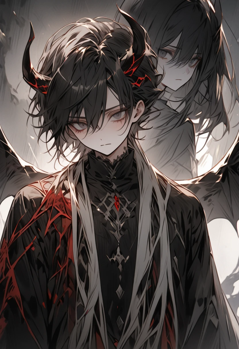 The man has black hair, gray and red eyes, has red dragon ears, wears a white shirt and wears a black tie Edged with a gold colored robe, wears a black robe.