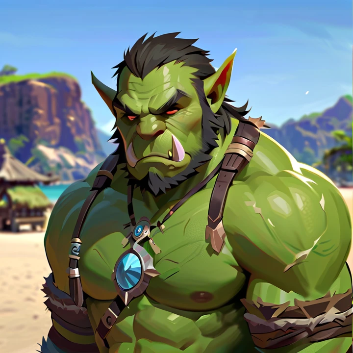 Orc, (naked), foto cruda, Hombre guapo varonil con sobrepeso, piel morena, nudo superior, orc, barbarian, texturas faciales detalladas,with fangs on the sides of his jaw