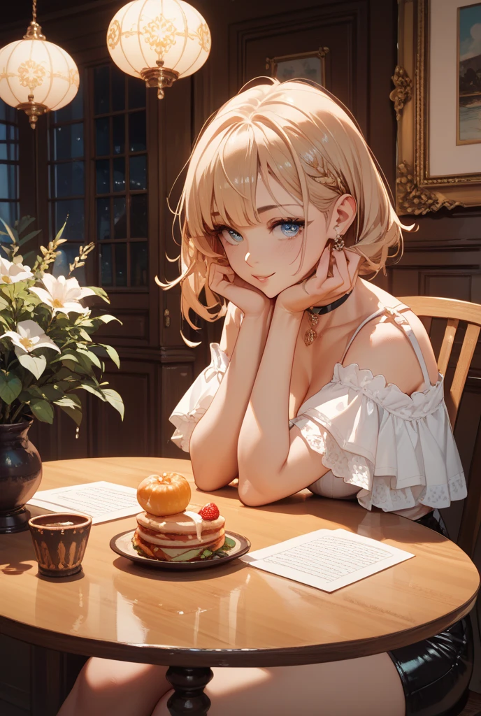 Realistic photos, Focus distance 10mm, Red and white, Beautiful girl, Realistic photos, Shooting at focus distance 10mm, masterpiece, 最high quality, high quality, Very detailed CG 8k wallpaper unit, Award-winning photography, Depth of written boundary, High resolution, bloom, chromatic aberration, Realistic, Very detailed, Art Station Trends, CGsociety Trends, Complex, High detail, dramatic, Art on the go, volumetric lighting, Salad A beautiful girl in a casual, refreshing dress is enjoying a fresh salad. In the background is an elegant table setting in a fine dining restaurant. The girl has short blonde hair and bright blue eyes