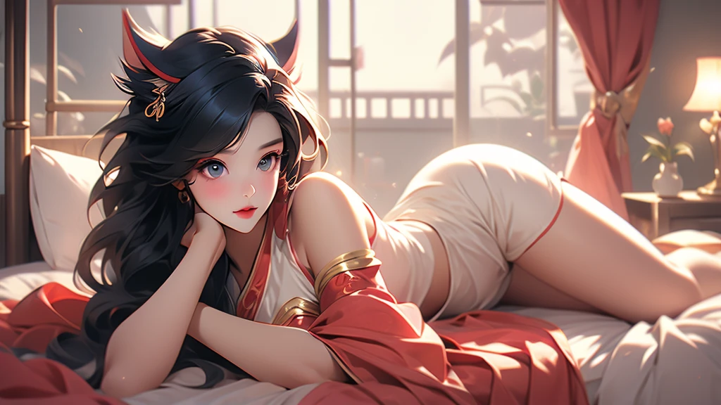 a beautiful and detailed portrait of a female anthro husky, kenket, Ross Tran, ruan jia, trend in artstation, foxovh, scenic lighting, red lace bra, red lace panties, bedroom smile, pillows, bed, lying on bed, red eyes --auto --s2