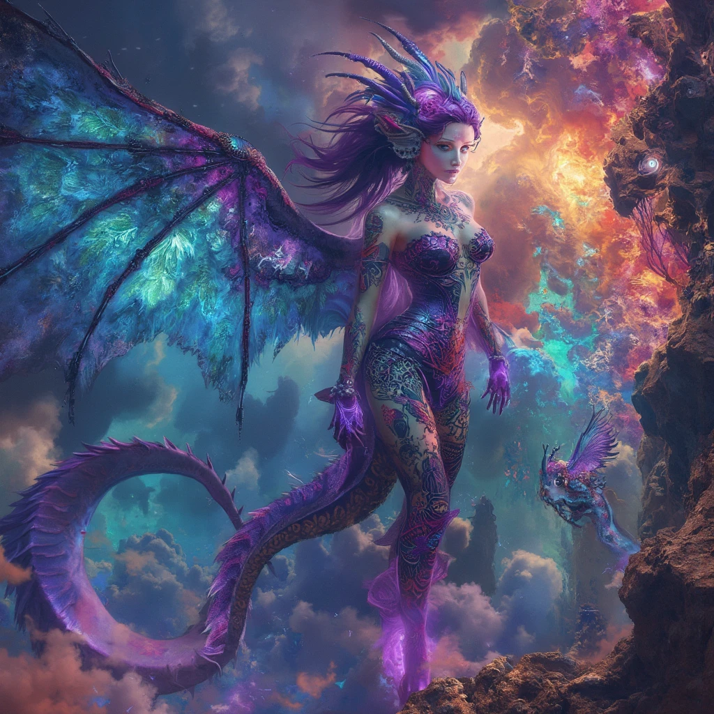 The image depicts a portrait, where a stunning young goddess floats amidst a dynamic swirl of blue energy that radiates with electric intensity. She possesses large, intricately detailed dragon-like wings, shimmering with iridescent hues of azure and teal, which contrast against her ethereal form. Her long, sinuous dragon tail gracefully trails behind her, adorned with delicate scales that catch the ambient light. In the background, a formidable purple dragonoid creature swirls within the blue energy, its scales glinting with hints of violet and indigo, creating a sense of movement and power. The goddess holds a weapon, perhaps a staff or sword, crafted from a dark, glossy material that reflects the surrounding energy, adding an air of mystique. The overall composition is framed by abstract digital waves that pulse and flow, enhancing the magical atmosphere. Surrounding elements include dark fantasy motifs, such as shadowy tendrils and swirling shapes, which blend seamlessly with the vibrant energy. The lighting is dramatic, casting deep contrasts that amplify the sense of depth and dimension in the scene. The color palette is rich and vivid, dominated by blues, purples, and blacks, creating a striking visual impact. Keywords: dark fantasy, magic, abstract digital art, dynamic composition, ethereal lighting, vivid colors, dramatic contrasts, swirling energy, mythical creatures, intricate details.