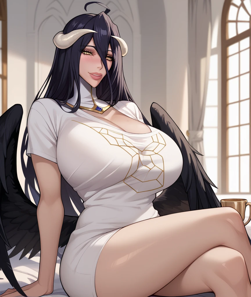 masterpiece, best quality, high detail, highres, room, bed, demon horns, slit pupils, short black hair, black bodycon dress, bare neck, big tits, tiny waist, big ass, bare tummy, bare thick thighs, sexy cleavage, black wings, feathered wings, low wings, shy, blush, nsfw,