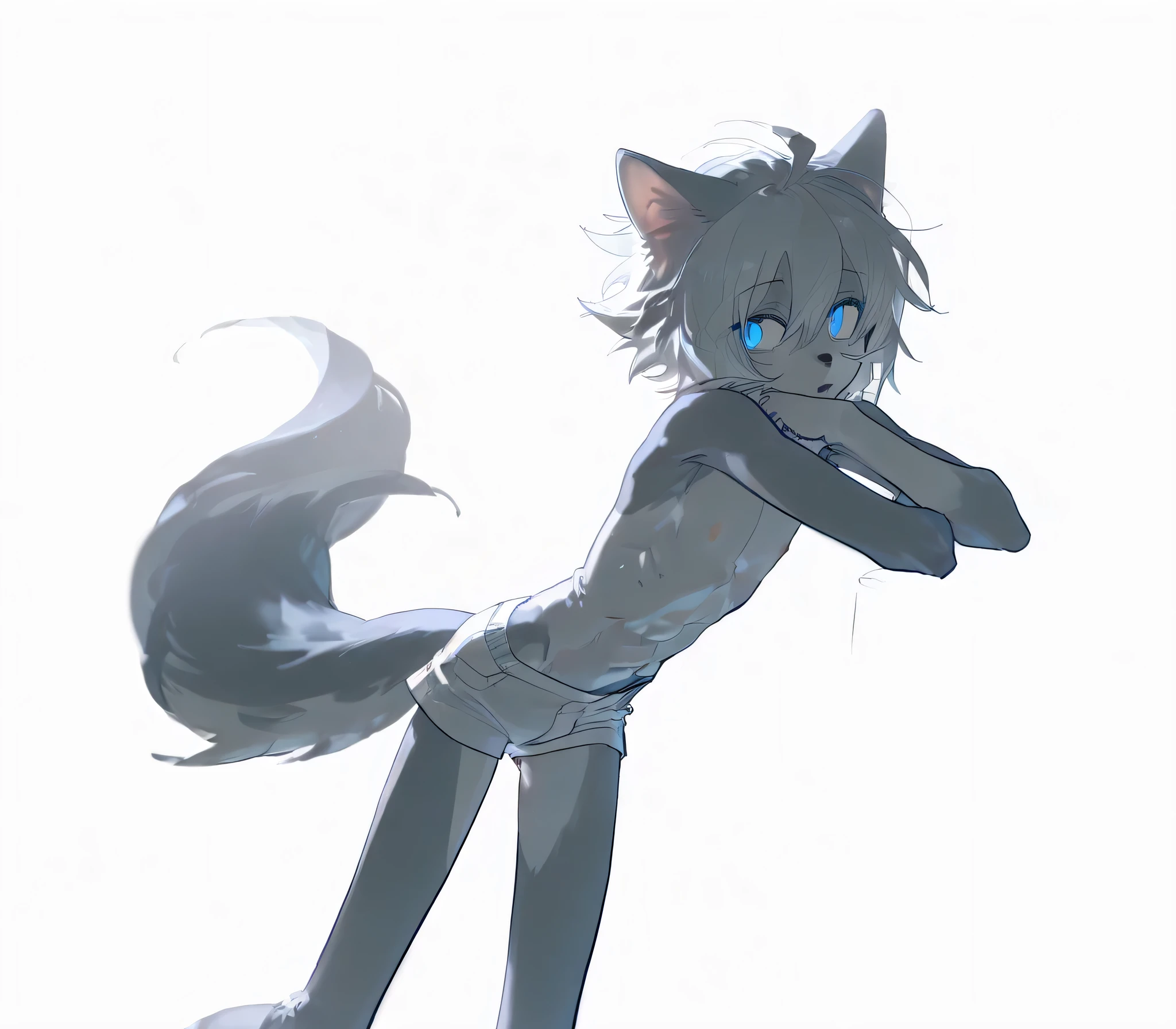 Solo,nyalia,konya karasue,rella,(solo:1.1)),solo focus,short hair,animal ears,male focus,wolf ears,(furry:1.3),furry male,wolf boy,blue eyes,(gray fur:1.2),little muscular,(full_shot:1.2),(tall:1.3),((long legs:1.3)),(furry legs:1.3),(thin:1.1),(skinny:0.5),(boy:1.2),
white hair,(short hair:1.2),furry, abs,
