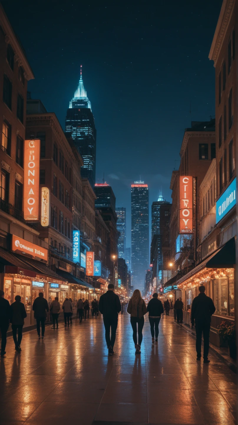 Photograph of a busy city street at dusk, taken from a low angle, with towering buildings and vibrant neon lights.