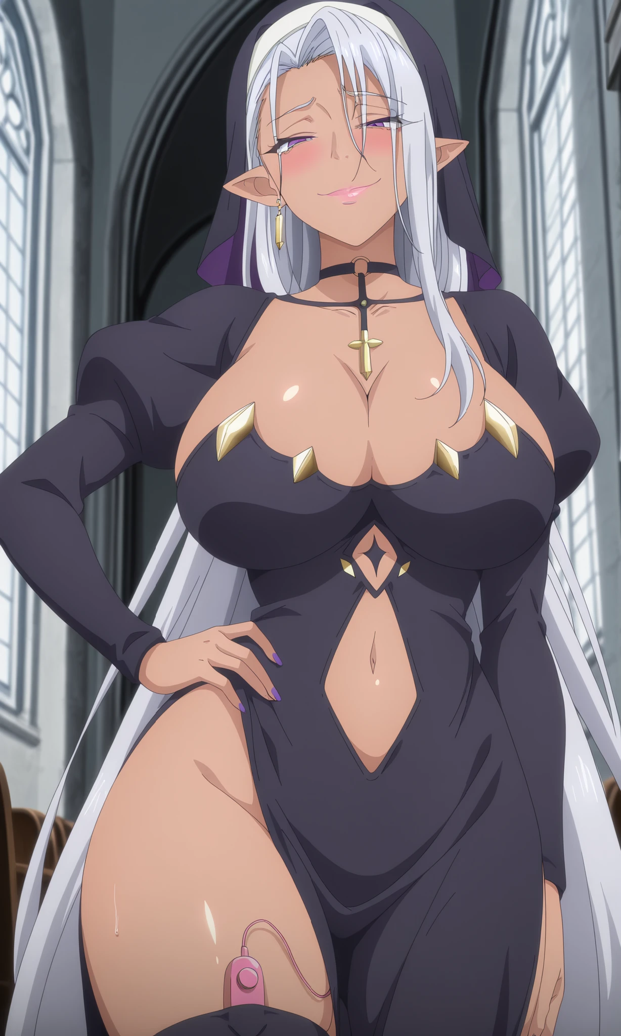 masterpiece, best quality, amazing quality, anime screenshot, anime coloring, 1 girl, solo, equidnaegwa, dark skin, pink lips, pointed ears, long hair, white hair, earrings, jewelry, purple eyes, evil smile, smile, squinting eyes, ((focus on face)), 1 girl, nun, thighs, solo, breasts, pink hair, cross, jewelry, sex toy, navel covered, big breasts, thighs, wide hips, vibrator, hand on hip, necklace, blush, vibrator on thighs, thighs, hair shots, looking at viewer, church, smile, cross neck, pelvic curtain, dress, thick thighs, habit, black thighs, long sleeves, no panties
