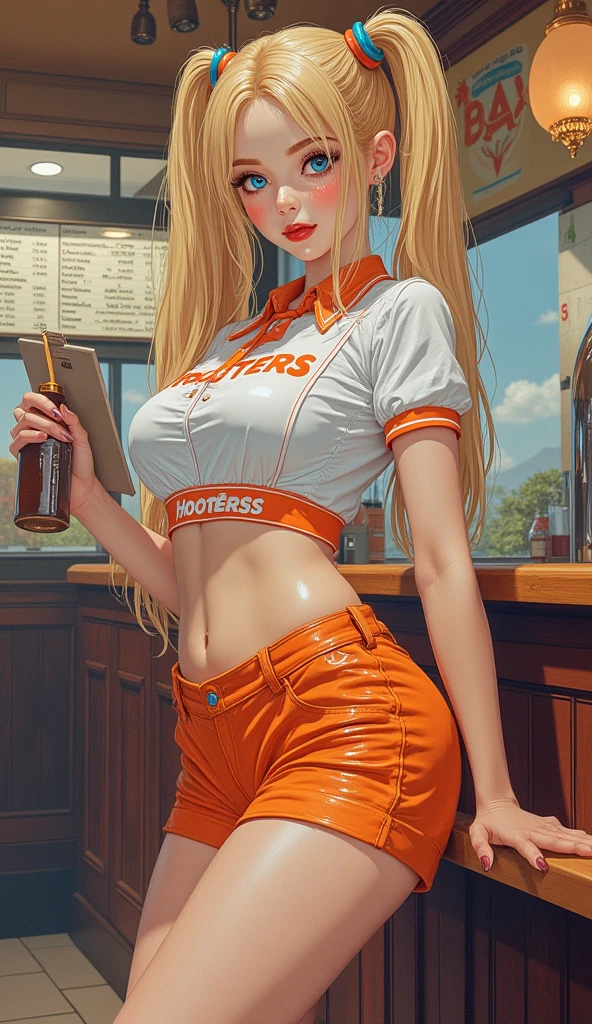 1 girl, Samus Aran, blonde hair, ponytail, blue eyes, soft, soft light, delicate, vagina, dripping wet cum, (exposed breasts, nipples), skintight thighhighs, choker, (flirty, soft smile, gentle smile, raised legs), orange jacket, messy hair, excited