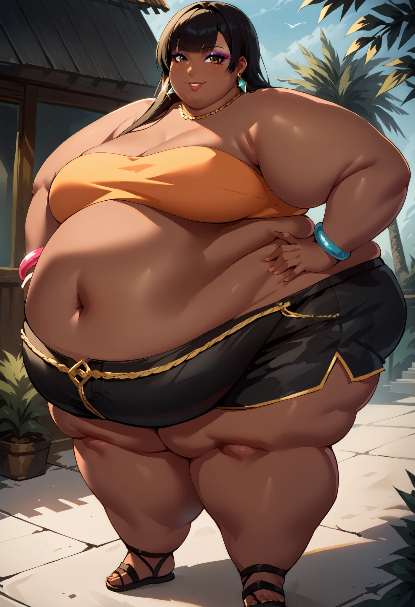 score_9, score_8_up, score_7_up, source_anime BREAK 1girl, solo, 1girl, solo, long hair, breasts, brown eyes, smile, bangs, black hair, navel, bare shoulders, jewelry, earrings, midriff, dark skin, blunt bangs, bracelet, dark-skinned female, lips, crop top, hand on hip, strapless, makeup, tube top, short shorts, sandals, cowboy shot, full body, fat, 500 lbs., SSBBW, obese, outside