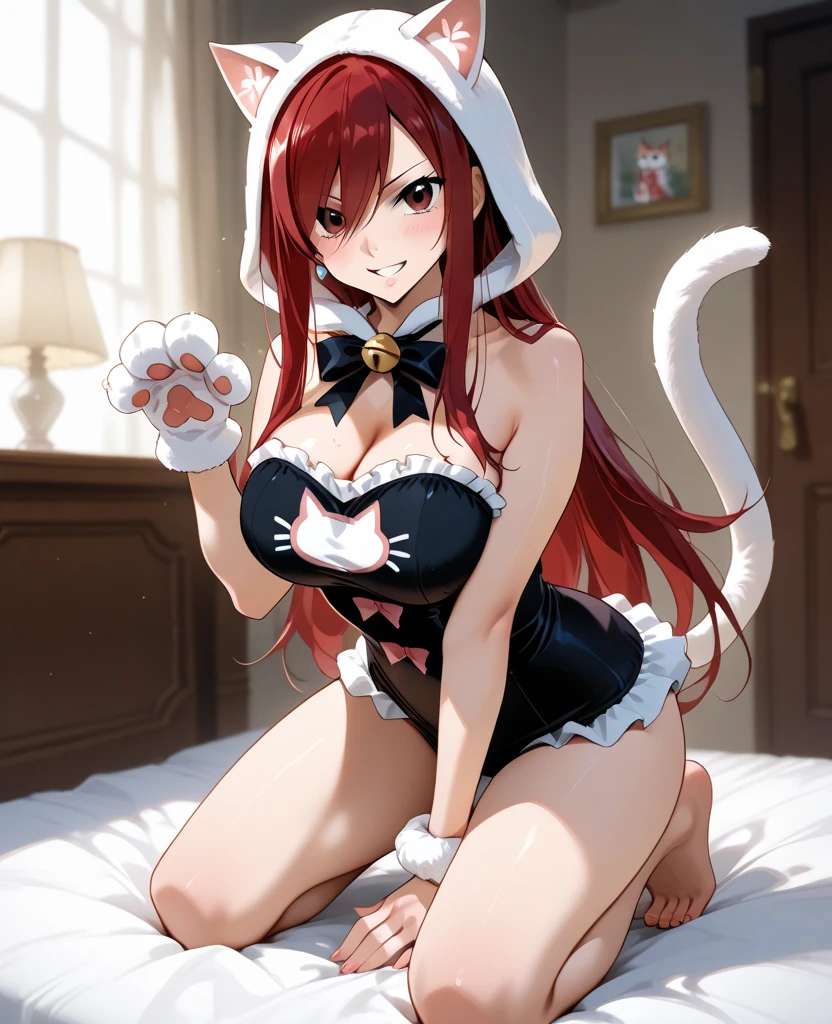 I am Hikaru, I am a white furred cat woman with long red hair along with cat ears and light black eyes with a black cat tail. I am 1.60 cm tall and weigh 46 kg, my breasts measure 300 cm, my waist 60 cm and my hips 200 cm. Dressed in a white mini skirt revealing the black thong I was wearing along with a short, tight black top. With big breasts 300 cm