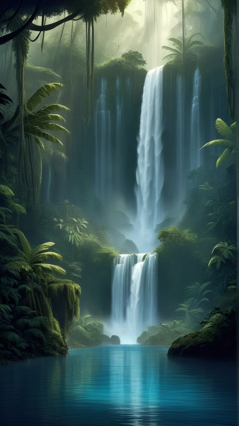 fantasia, Archaeology theme,  ExpeditionStyle a breathtaking waterfall surrounded by a lush rainforest