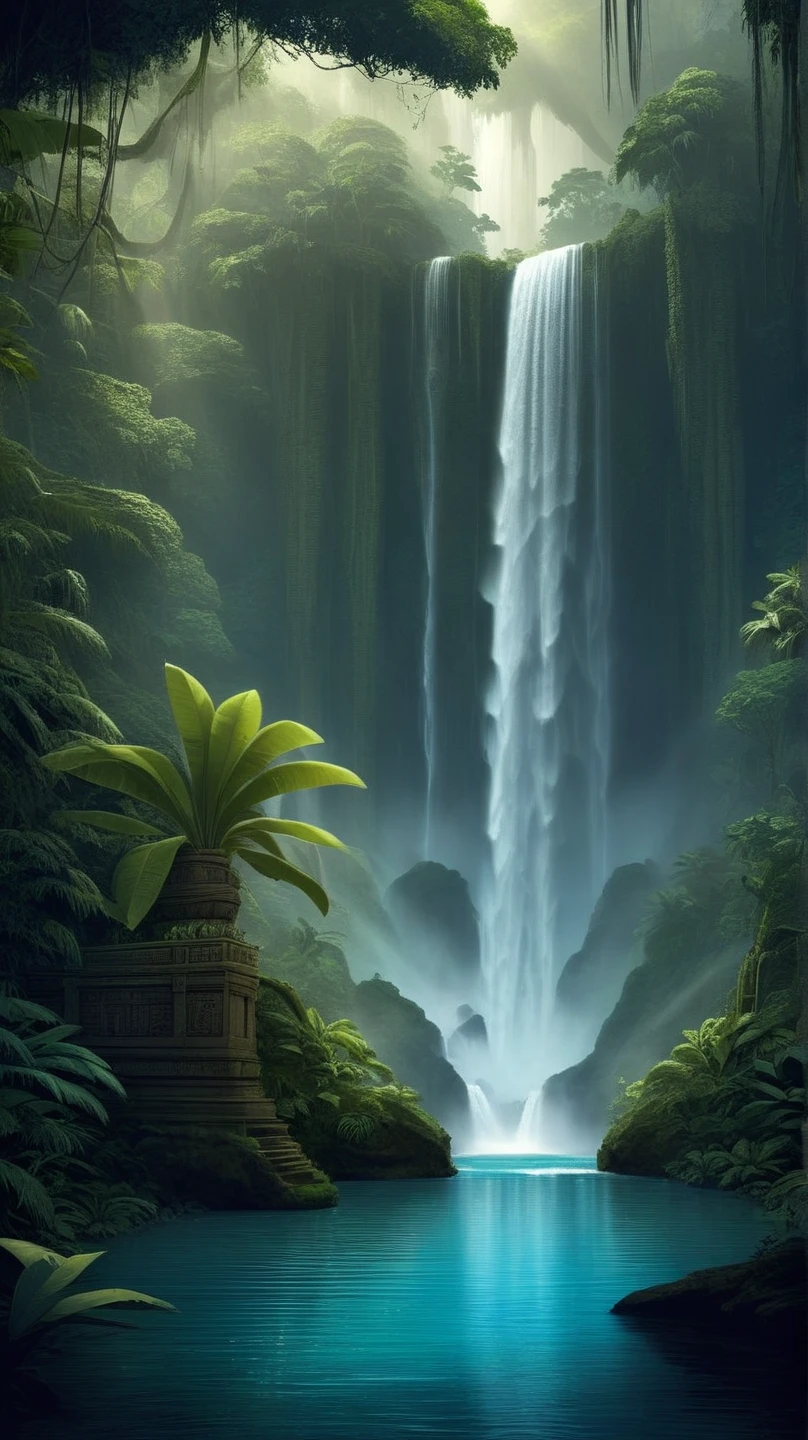 fantasia, Archaeology theme,  ExpeditionStyle a breathtaking waterfall surrounded by a lush rainforest