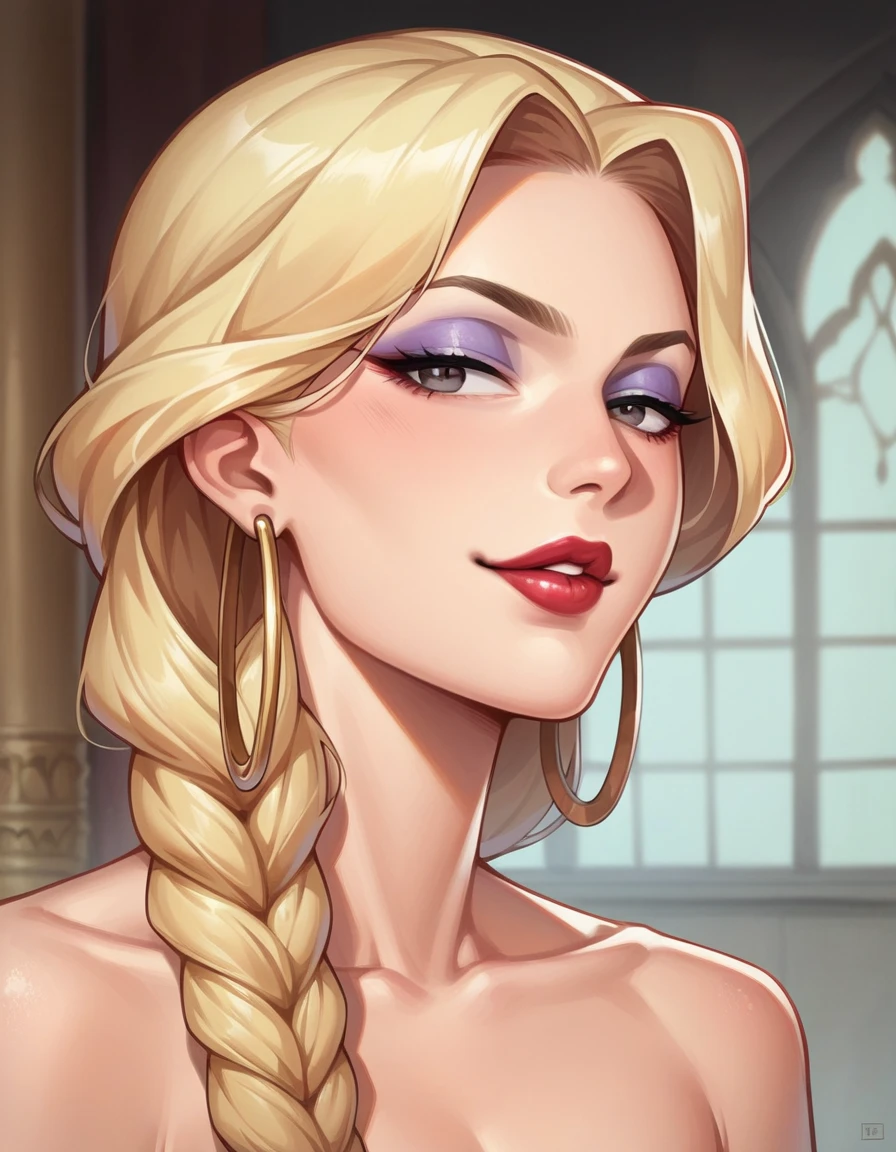 Hot sexy beautiful milf mom  ,slender body, detailed lips rings ,blonde hair,black eyes,white sun glasses on head, detailed , big  hoops earrings , alluring face, smiling, necklace , red lipstick ,corset, chandelier necklace, chandelier jewellery,long diamond tassel earrings, backless, garter belt,flower hair band,