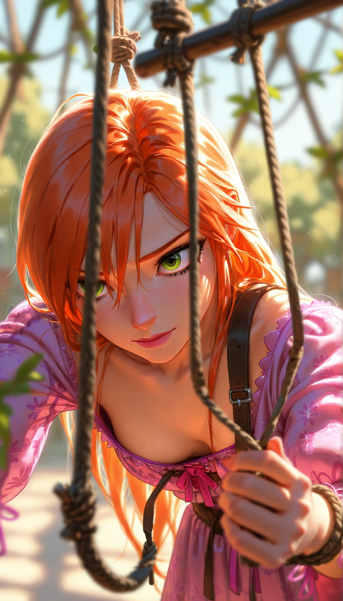 depth of field, high definition image,a lot of details, slip-on strap,Hanged by strap,piernas hanging,hanging,tangled,hands tied,