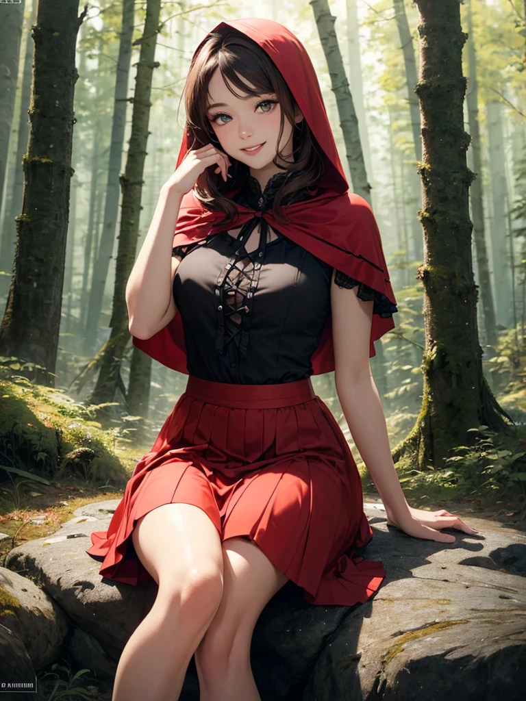 1 girl, Little Red Riding Hood, brown hair, short hair, green eyes, soft, soft light, delicate, frills, exposed vagina, (small breasts, exposed breasts, nipples), frilly, thighhighs, choker, ruffles, short red dress, red hood, (flirty, soft smile, gentle smile), messy hair, excited, alone in the woods, garter belt, no panties, kneeling looking up at the viewer, from above, (spread legs, dripping cum, masturbating), open mouth