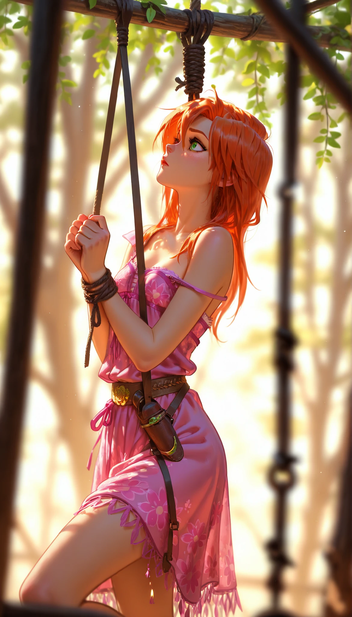 depth of field, high definition image,a lot of details, slip-on strap,Hanged by strap,piernas hanging,hanging,tangled,hands tied,