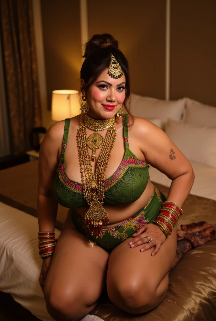 A fair-skinned Indian medium plus size woman, around 40 years old, with a chubby  and busty breasts, is in a softly lit bedroom. She is nude (without any cloths)  but fully adorned bridal jewelry—multiple layered gold necklaces, large jhumka earrings, an ornate nath (nose ring) with chain, colorful bangles, waist jewelry (kamarband), anklets, and a maang tikka. She is seated on a luxurious bed showing her  and thighs, her posture confident and graceful. Her hairs are tide with bun. The atmosphere is intimate and artistic, with warm lighting highlighting her curves and intricate jewelry details.