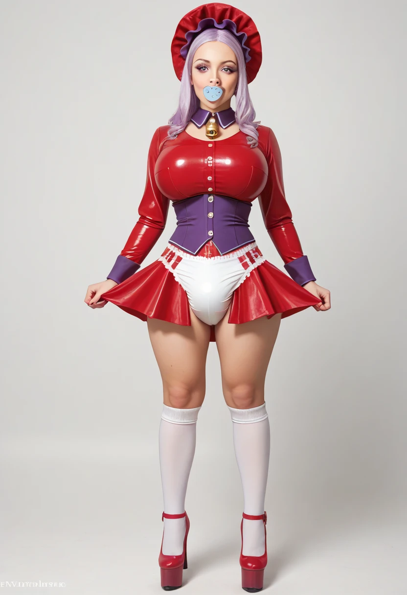 (8k, RAW photo, best quality, masterpiece, realistic, detailed face, detailed skin, warm color temperature, 1girl, solo:1.2), beautiful Japanese woman, 30 years old, (milf, voluptuous:1.4), hrkzdrm_mgc, (pink dress, skirt, puffy sleeves, pink gloves:1.4), opll, (short hair:1.3), forehead, brown hair, full body shot, (front view:1.3), (huge breasts:1.2), smile, shy, (tighttops:1.2), standing, hands on hip, (microskirt:1.2), (czc, full body, clothed:1.2), indoor, simple gray background